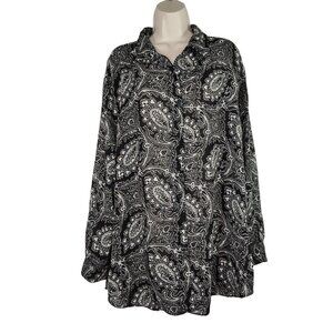Vtg Diane Von Furstenberg Black Paisley Button Up Top Women Size 1X 2X FLAW